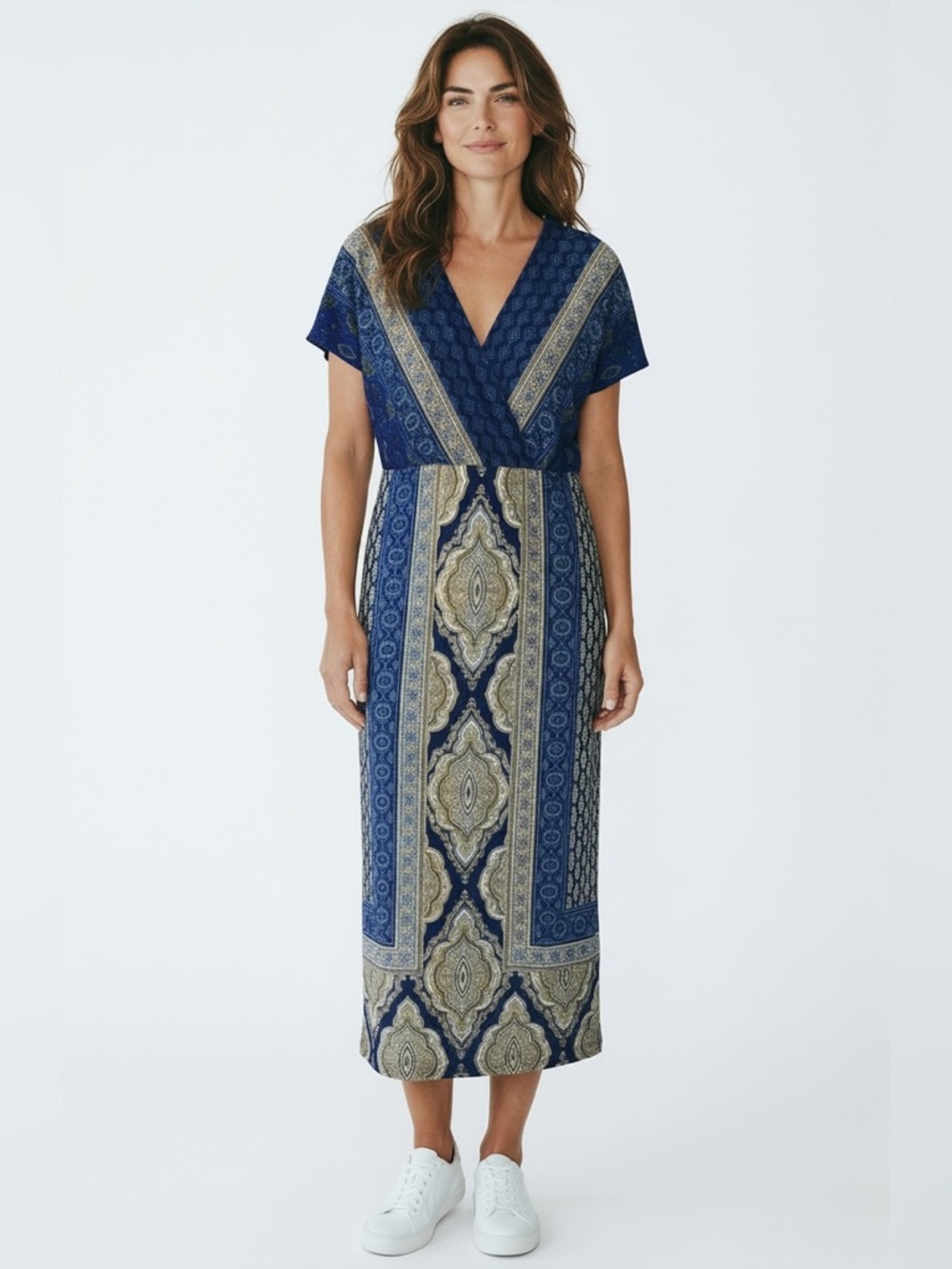 Chico's Navy Blue and Cream Patterned Maxi Dress